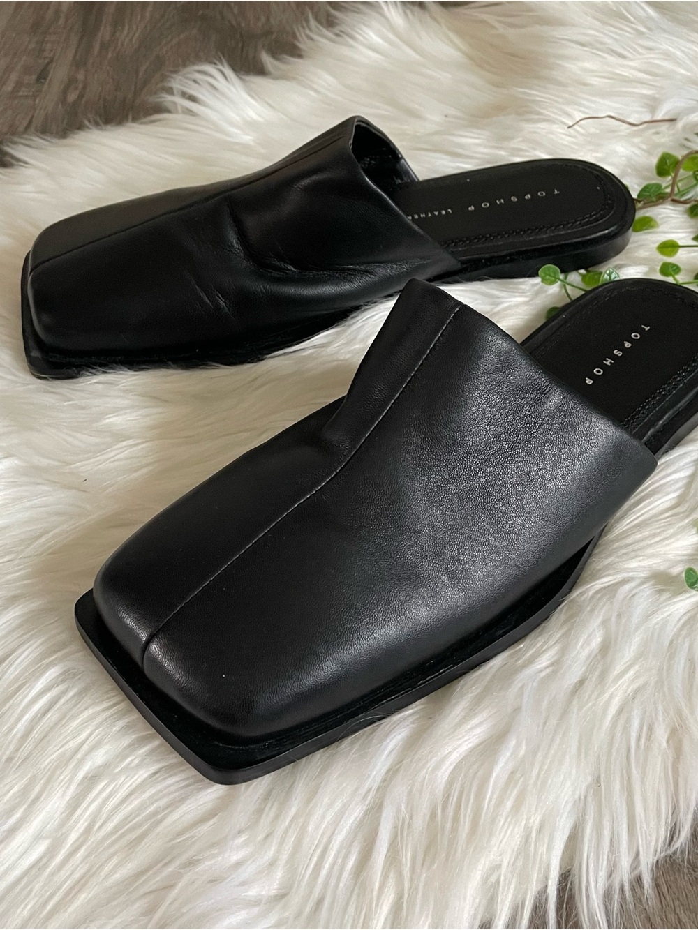 Topshop Cici Black Leather Square Toe Flat Mules Women Size 8 - Picture 3 of 13